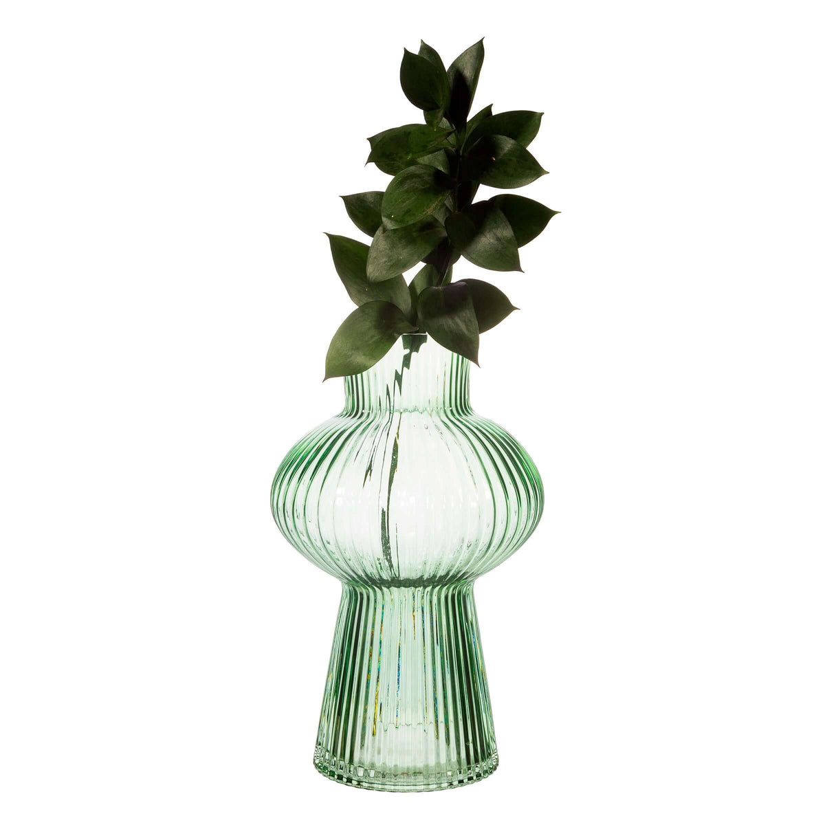 Green Large Shapely Fluted Glass Vase