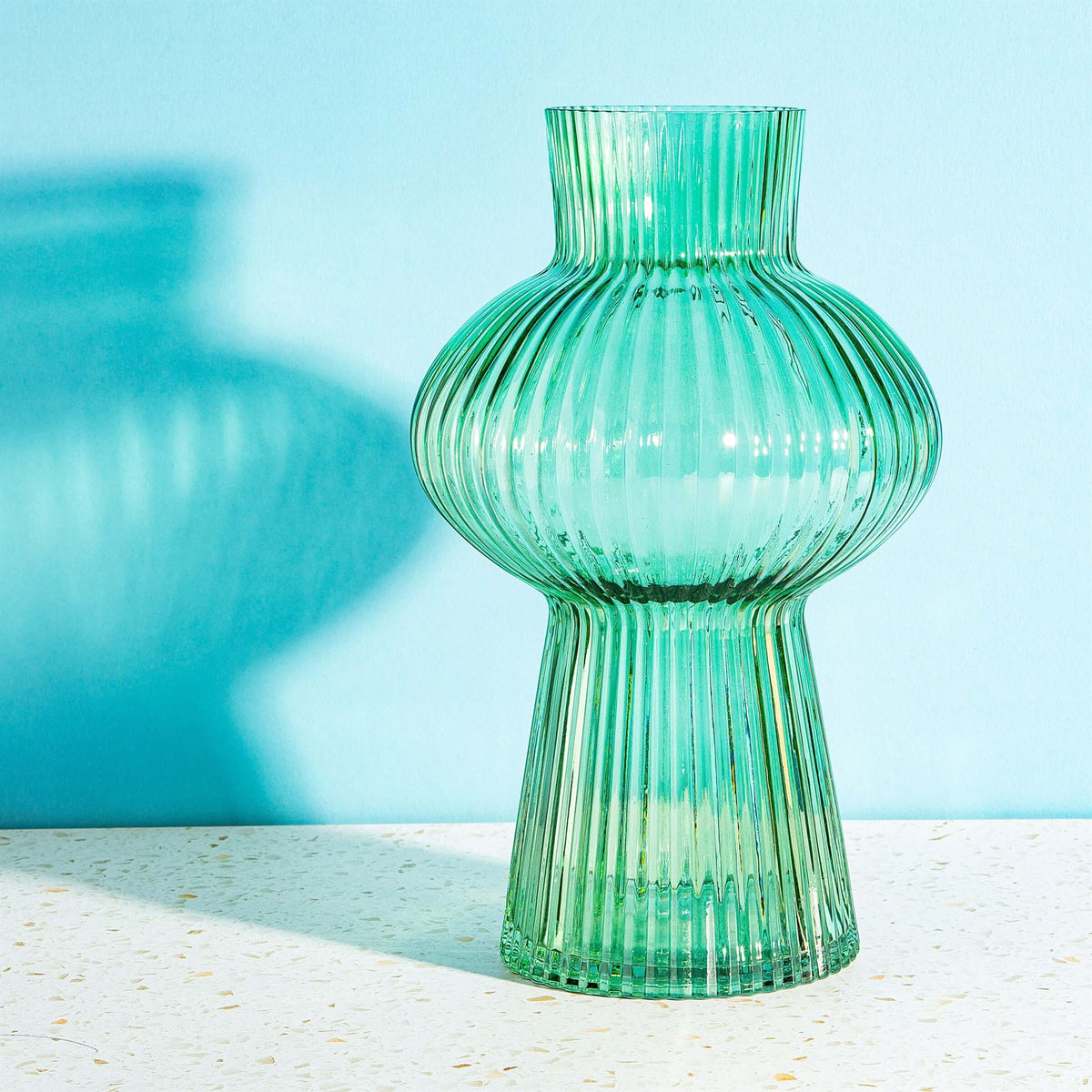 Green Large Shapely Fluted Glass Vase