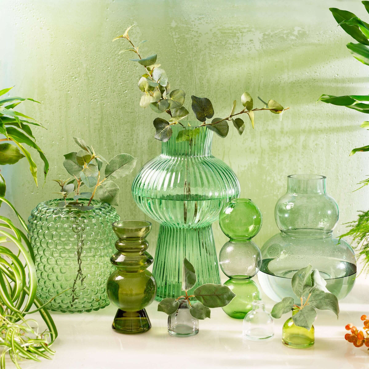 Green Large Shapely Fluted Glass Vase