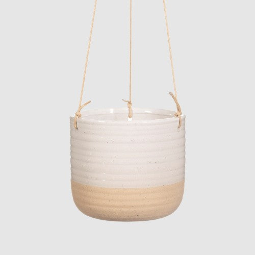 Rustic White Half Glazed Boho Hanging Planter