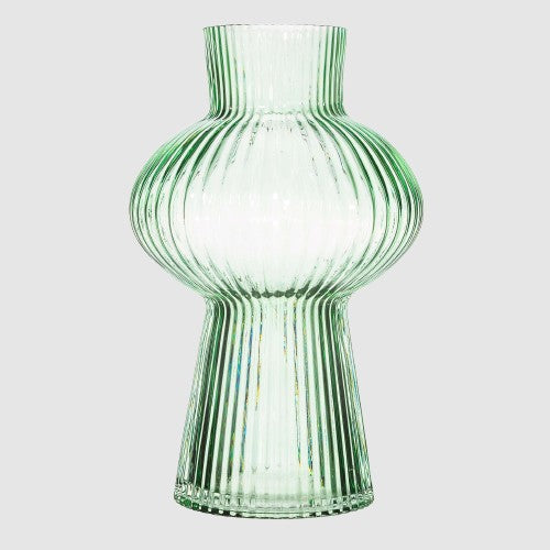 Green Large Shapely Fluted Glass Vase