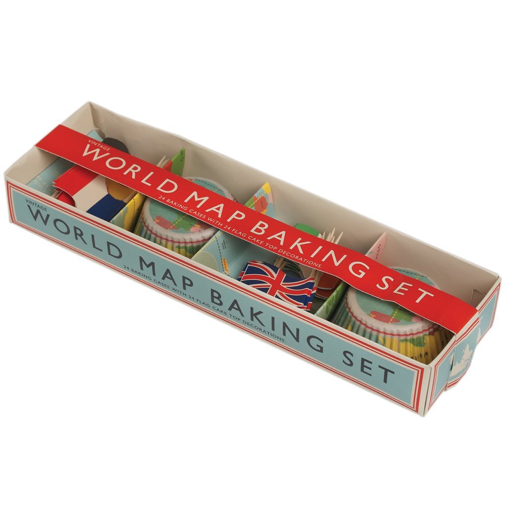 World Map Cupcake Cases & Flags - Set of 24