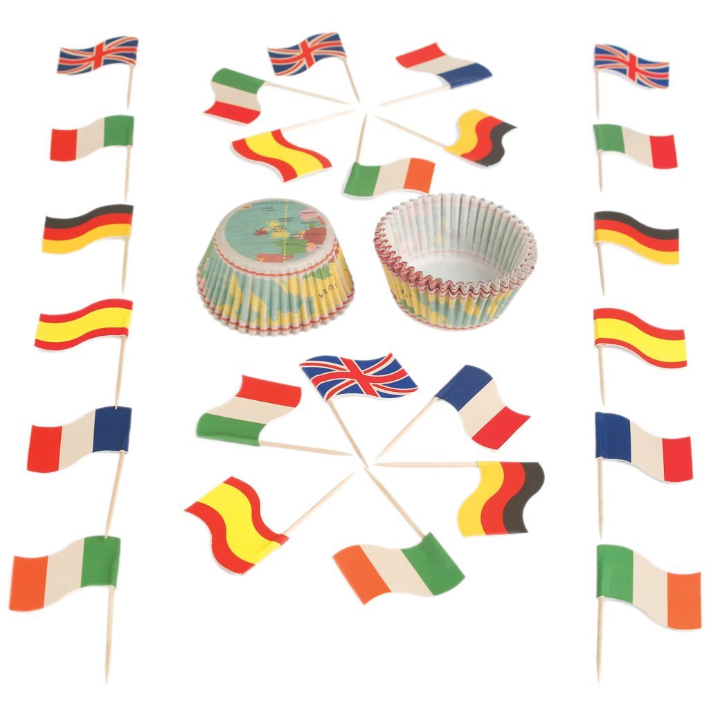 World Map Cupcake Cases & Flags - Set of 24